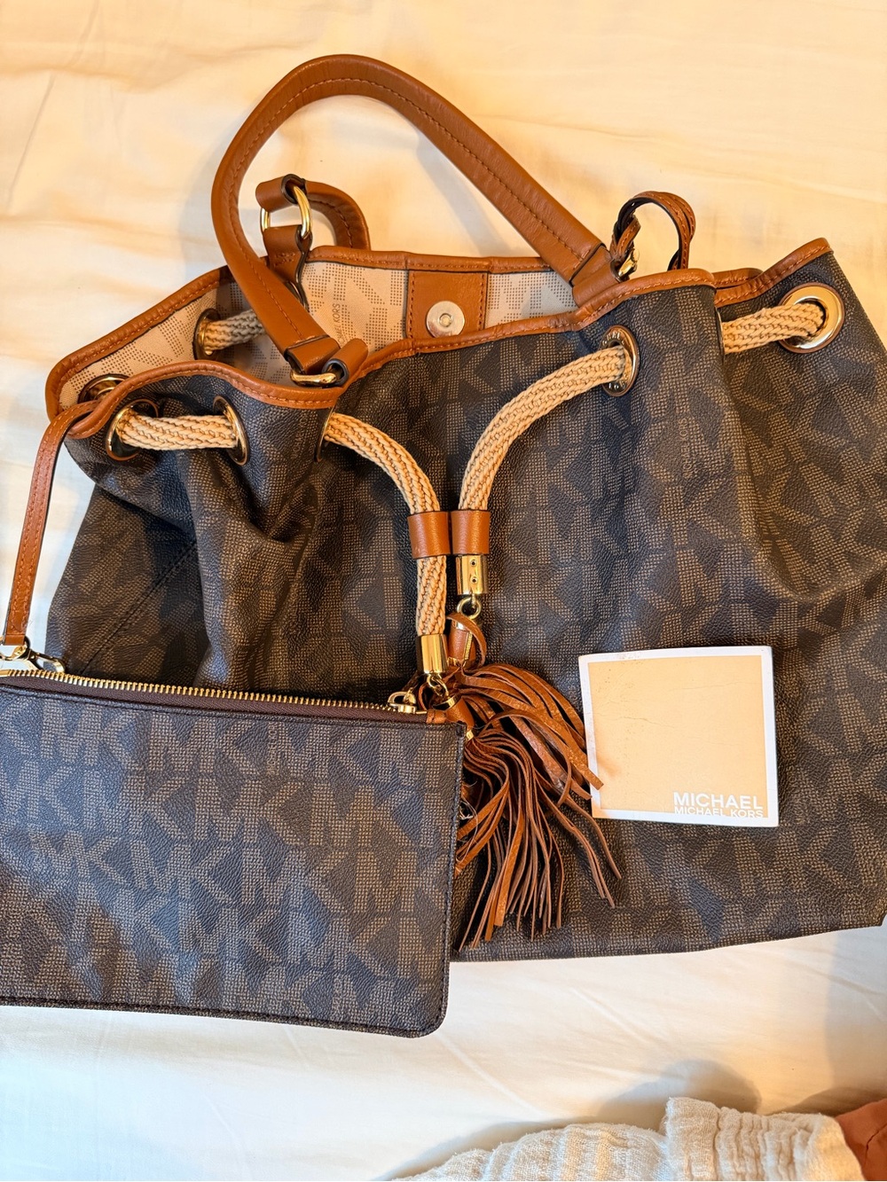 Michael Kors Brown and Tan Logo Drawstring Tote with Wristlet